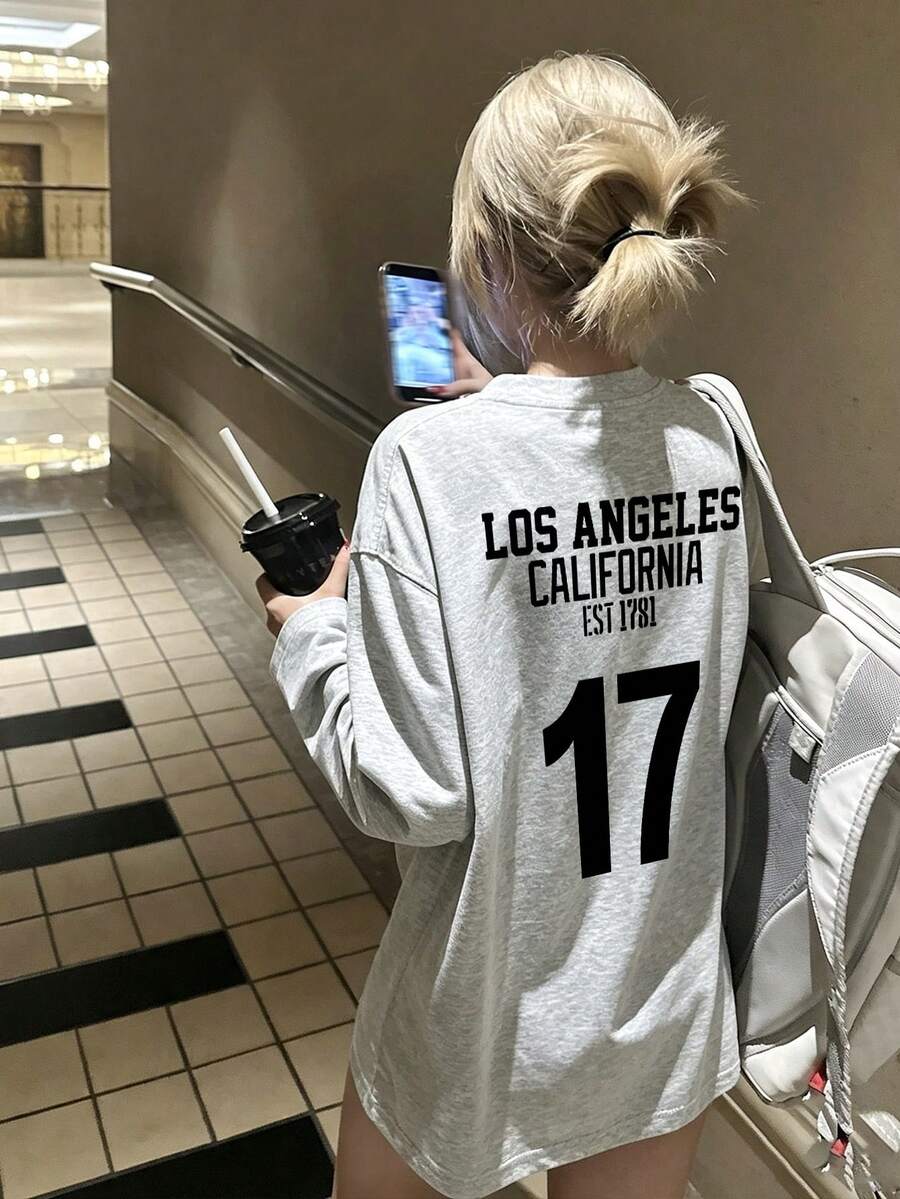 Women's Fashion Autumn Minimalist Loose Versatile Letter Print Long Sleeve T-Shirt Casual - Light Gray - View 1