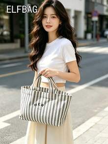 Casual Minimalist Letter Canvas Tote Bag, Striped Pattern Handbag, High Cost-Effective For Outdoor Shopping, Fashion Versatile Suitable For Moms, Students, Office Workers - Grey - View 8
