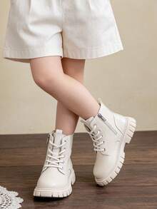 1 Pair Kids Classic Lace-Up Boots With Side Zipper For Easy On/Off, Leather Boots Suitable For Daily Wear, Casual Outings, School Commute, Autumn/Winter - Beige - View 1