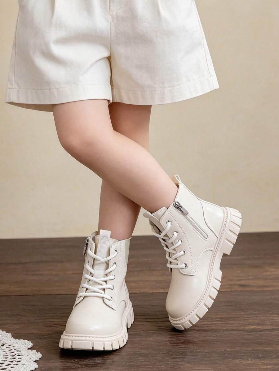 1 Pair Kids Classic Lace-Up Boots With Side Zipper For Easy On/Off, Leather Boots Suitable For Daily Wear, Casual Outings, School Commute, Autumn/Winter - Beige - View 1