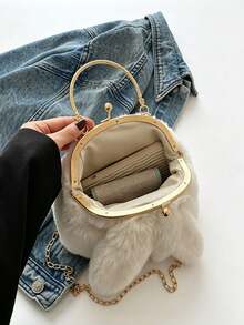 Autumn/Winter Healing Style Fluffy Rabbit Ear Metal Clasp Bag, Multi-Color Options, Handheld/Crossbody Dual-Use Girl's Bag - Multicolor - View 7