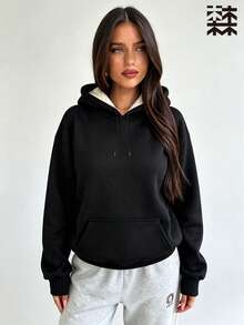 mulinsen Women's Hooded Sweatshirt, Fleece Lined Kangaroo Pocket Drawstring Warm Loose Fit, Suitable For Fitness - Deep Space Black - View 5