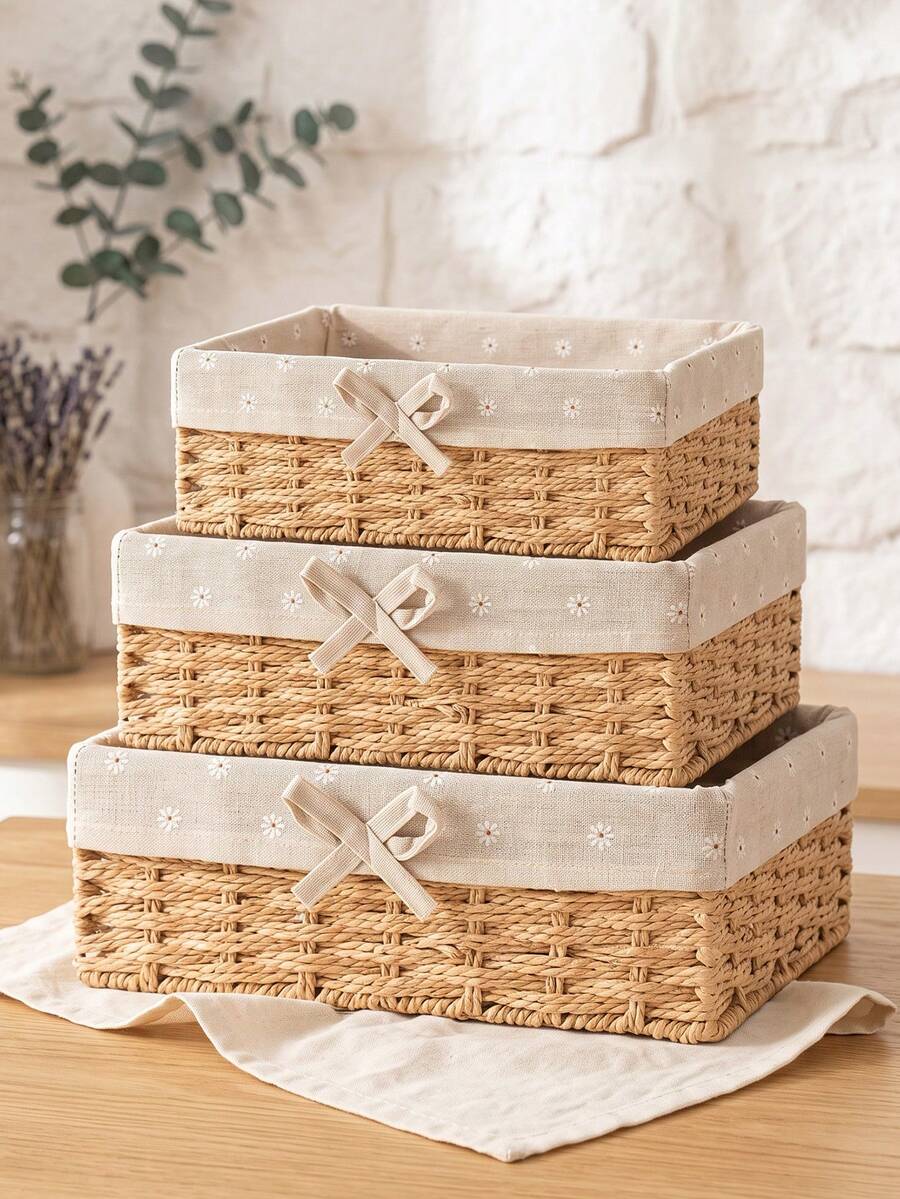1pc/3pcs (S+M+L) Woven Desktop Storage Basket, Suitable For Snacks, Cosmetics, Toys And Other Household Items, Multi-Functional Fabric Storage Box For Coffee Table Or Key Basket, Home Decor Storage, Wardrobe Storage Space Organizer, Holiday Decoration Gift Storage, Storage Organizing Basket, Ideal Gift Basket For Room Decor