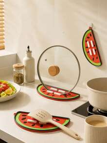 1pc Watermelon Shaped Pot Lid Holder, Multi-Functional Kitchen Spoon Rest, Heat Resistant Mat - Orange - View 1