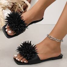 3D Rhinestone Floral Square Toe Flat Slides For Women, Beach Dress Outfit For Seaside Vacation Photos - Black - View 5