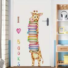 1/2pcs Giraffe Reading Books Wall Decal, I Love Books Quote Wall Sticker, Waterproof Removable Self-Adhesive Watercolor Vinyl Mural, Suitable For Library, Study, Reading Corner Wall Decoration - Giraffe Book Wall Sticker - View 1