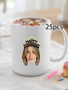 10/25/50pcs Customized Happy Birthday Crown Face Stickers, Personalized Photo Die-Cut Birthday Headband Face Stickers, Custom Photo Portrait Stickers, Girl Birthday Party Favors Cake Box Envelope Seal Decoration - Multicolor - View 8