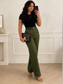 Solid Color Buttonless Zipper Pocket Suit Fabric Straight Leg Pants, Elegant Office Commute Daily Casual Versatile Trousers For Spring/Summer/Autumn - Army Green - View 3