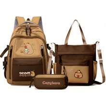 3pcs Cute Capybara Themed Backpack Set, Includes Tote Bag And Pencil Case, Durable Nylon Material, Multi-Pocket Design, Tablet Compartment, Suitable For Daily Commute And School - Multicolor - View 14