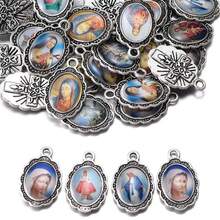 Mixed Image Enamel Our Lady Medal Floral Rosary Centerpiece Jesus Mary Catholic Alloy Crucifix Jewelry Making Charm 19mmx12mm - Multicolor - View 2