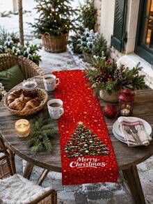 1PC Merry Christmas Linen Table Runner, Red Snowflake Christmas Tree Print Table Runner, Festive Farmhouse Dining Table Centerpiece Decor For Kitchen Dining Room, Xmas Party, Holiday Dinner, Winter Seasonal Home Decoration - Multicolor - View 9