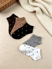 5 Pairs Minimalist Small Heart Pattern Short Socks For Women, Low-Cut Boat Socks, Spring/Autumn Versatile Cotton Socks, Japanese Soft Style Solid Color Invisible Socks - Multicolor - View 5