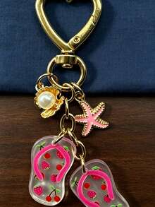 Heart‑Shaped Clasp Keychain, Summer Beach Enamel Charms Bag Charm, Pearl Shell Starfish Flip‑Flop Pendants Gold‑Toned Stylish Durable Decorative Gift - Multicolor - View 5