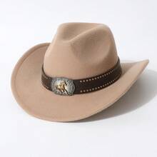 Unisex Classic Western Style Felt Cowboy Hat, Suitable For Horse Riding, Wilderness Photography, Equipped With Running Horse Badge Riveted Leather Strap, Equipped With Running Horse Badge Riveted Leather Strap, Horse Riding, Wilderness Photography, Western Theme Party, Halloween Party, Stage Outfit, Hat, Cap, Cowboy Hat - Multicolor - View 5
