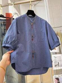 Retro Blue Plaid Button-Up Short Sleeve Shirt For Women, Summer Lightweight Puff Sleeve Loose Fit Minimalist Design Casual Commuter Top - Royal Blue - View 4