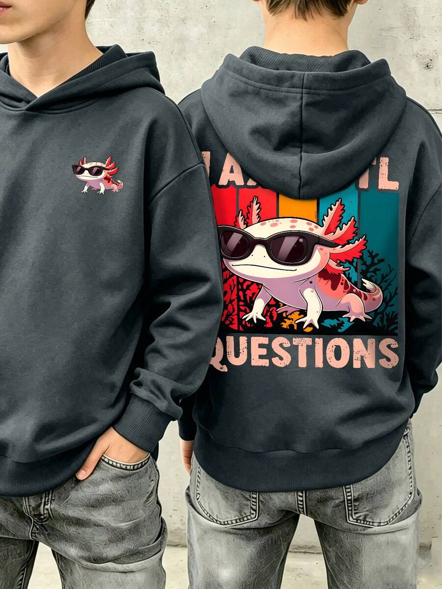 Teen Boys Axolotl Print Sweatshirt, Autumn/Winter Student Top - Dark Grey - View 1