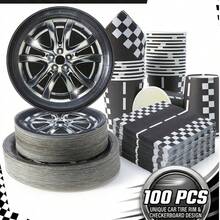 100pcs Car Wheel Shaped Party Tableware Set (Plates, Napkins And Cups), Serves 25 Guests, Racing Theme Paper Party Supplies, Perfect For Birthday Parties, Family Picnics, Outdoor Celebrations And Home Party Decor. - Multicolor - View 1