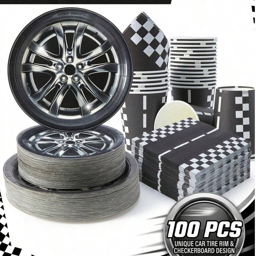 100pcs Car Wheel Shaped Party Tableware Set (Plates, Napkins And Cups), Serves 25 Guests, Racing Theme Paper Party Supplies, Perfect For Birthday Parties, Family Picnics, Outdoor Celebrations And Home Party Decor. - Multicolor - View 1