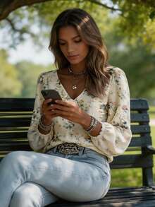 Women's Pink Floral Random Print V-Neck Blouse, Lightweight Linen Printed Shirt, Long Sleeve Puff Sleeve Loose Casual Top, Breathable Flowy Blouse, Suitable For Daily Wear, Vacation, Yoga, Outdoor Activities, Spring Summer Autumn Fashion Random Print Women's Shirt - Milky - View 5