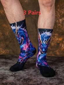 1/3 Pairs Nebula Gradient Dragon Realistic Print Long Socks, Black Base Dirt-Resistant Design, Reinforced Wear-Resistant Toe, Daily Commute Socks, Fun Christmas Gift - Multicolor - View 6