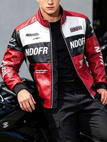 New Fashion Motorcycle Leather Jacket For Boyfriend Style Men, Contrast Color Sporty Oversized Biker Jacket,Fleece,Winter Sports Red - Red - View 1