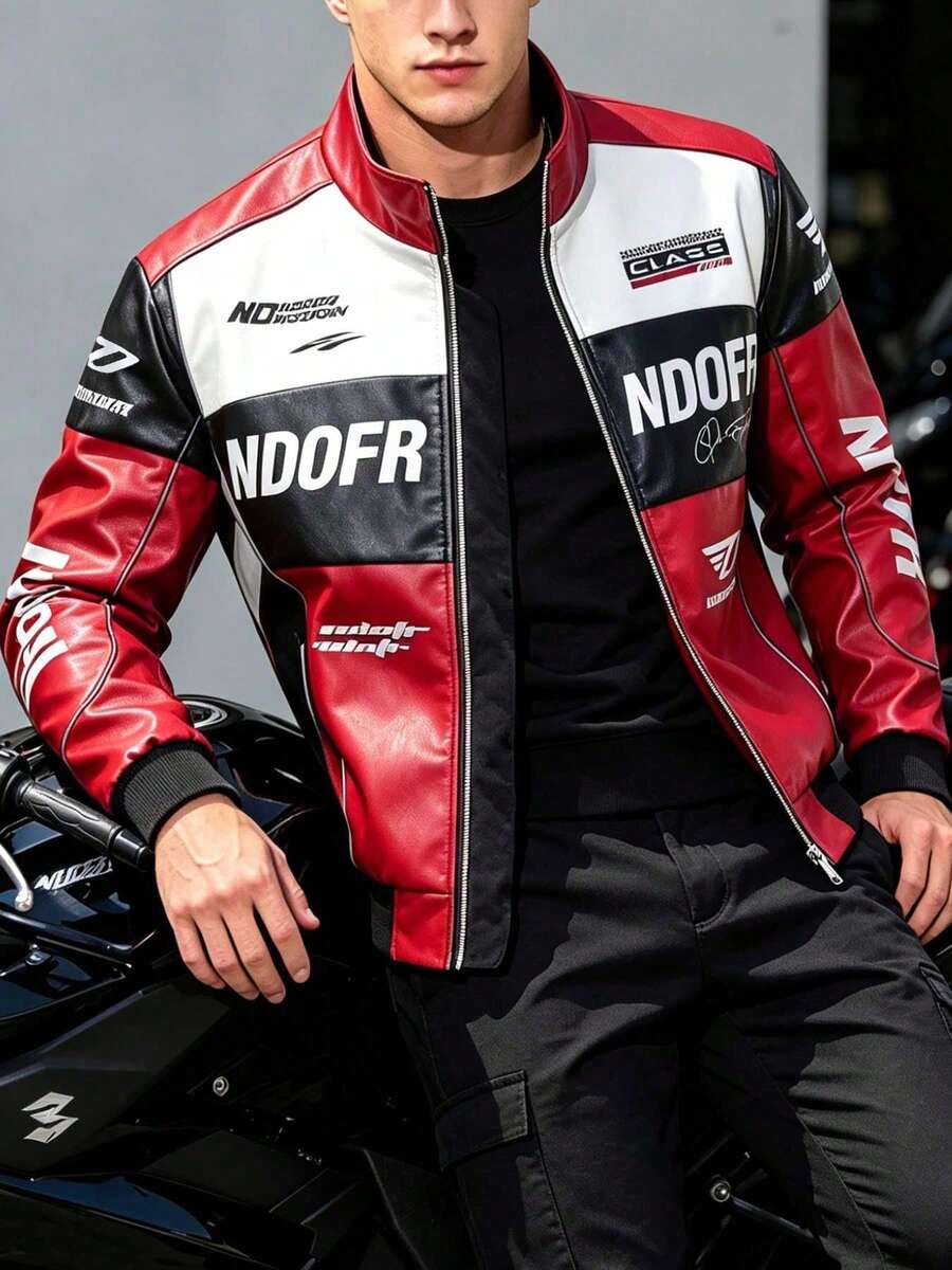 New Fashion Motorcycle Leather Jacket For Boyfriend Style Men, Contrast Color Sporty Oversized Biker Jacket,Fleece,Winter Sports Red - Red - View 1