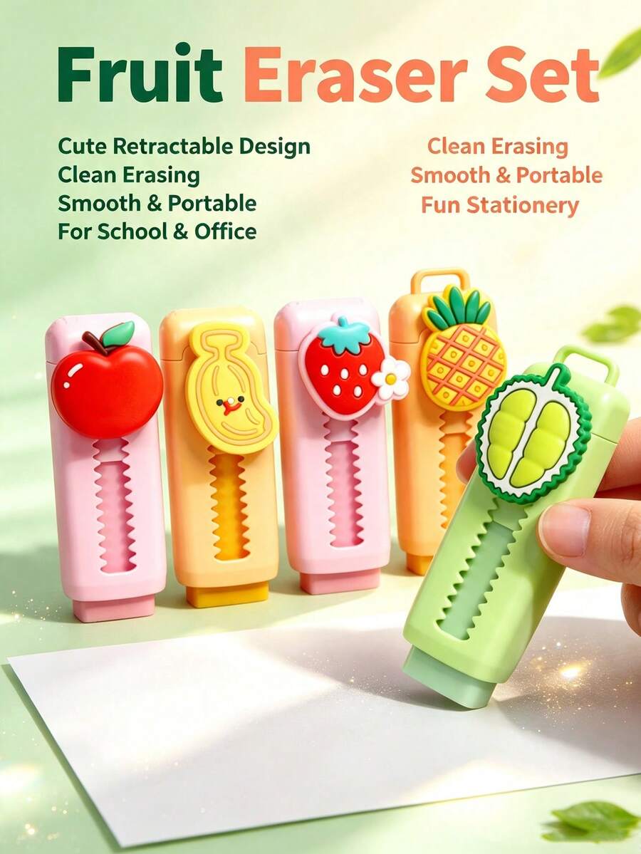 1/2/4 cái tẩy rút họa tiết trái cây, cầm tay, cấu trúc kéo dài, tẩy sạch, phù hợp để chỉnh sửa tài liệu, tẩy mực, làm sạch bản nháp, sửa bài tập trường học, quà tặng tựu trường, Giáng sinh, Halloween - Nhiều màu - Xem 1