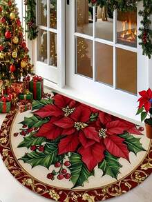 1pc Red Christmas Poinsettia Welcome Doormat, Semi-Circle Entry Mat With Green Holly And Gold Berry Pattern, Soft Beige Background, Suitable For Indoor/Outdoor Christmas Decor, Porch And Front Door, Machine Washable Holiday Mat - Multicolor - View 1