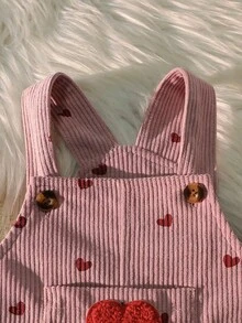 Baby Girls Pink Striped Red Heart Print Big Red Heart Embroidered Sweet Cute Button Overalls - Rusty Rose - View 4