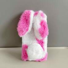 (Follow Store And Favorite Product To Get A Free Lanyard) Cute 3D Plush Rabbit Phone Case, Blue And White Patchwork, Fluffy Rabbit Ears, Ball Tail, Warm Plush Soft, Shockproof Protective Shell, Suitable For Multiple Smartphone Models - Pink/Free Rope - View 4