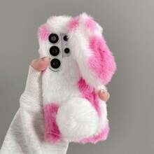 (Follow Store And Favorite Product To Get A Free Lanyard) Cute 3D Plush Rabbit Phone Case, Blue And White Patchwork, Fluffy Rabbit Ears, Ball Tail, Warm Plush Soft, Shockproof Protective Shell, Suitable For Multiple Smartphone Models - Pink/Free Rope - View 2