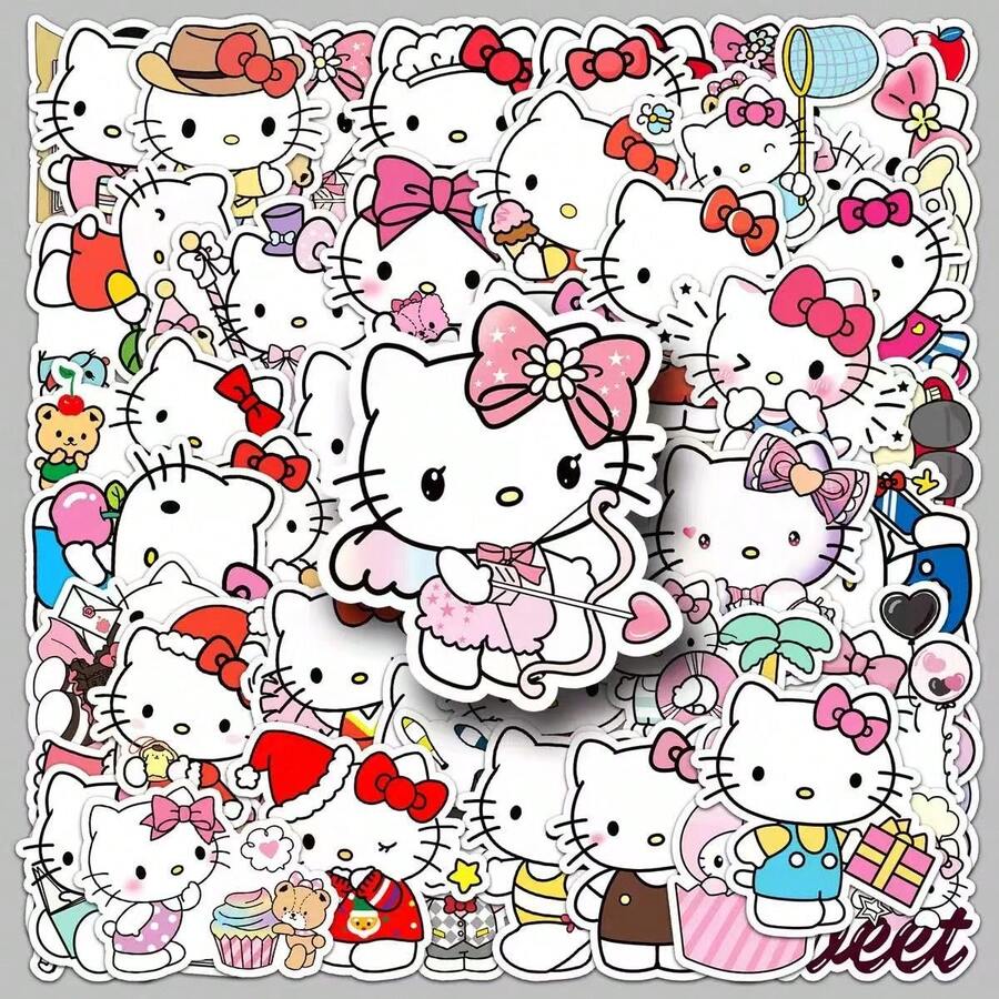 100pcs Sanrio 2-3 Inch Hello Kitty Cute Doodle Waterproof Stickers, Suitable For Holiday Parties, Laptops, Water Bottles, Bumpers, Computers, Phones, Notebooks, Etc. (Random Style) - Multicolor - View 1