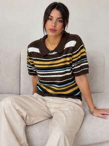 Wixra Women's Scallop Collar Color Stripe Fuzzy Knit Long Sleeve Sweater - Brown - View 6