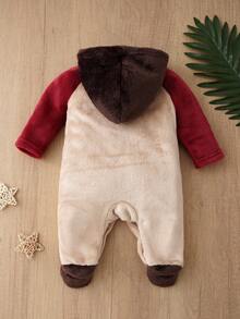 Autumn/Winter Plush Baby Hooded Footed Romper, Bear Embroidery Colorblock Raglan Sleeve Thickened Warm Crawler Suit - Brown - View 4