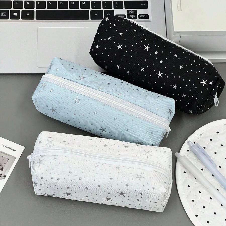 Star Polka Dot INS Minimalist Cute Canvas Pencil Case, Highly Attractive Large Capacity Zipper Student Stationery Storage Bag - Star Pencil Case - View 1