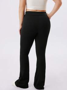 NcmRyu Women's 1pc Plus Size Solid Color Elastic High Waist Flare Pants, Autumn/Winter - Black - View 4