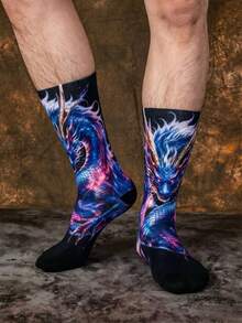 1/3 Pairs Nebula Gradient Dragon Realistic Print Long Socks, Black Base Dirt-Resistant Design, Reinforced Wear-Resistant Toe, Daily Commute Socks, Fun Christmas Gift - Multicolor - View 4