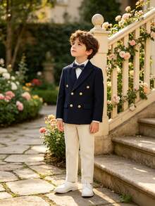 Boys Handsome Fashion Double-Breasted Gentleman Suit Set, Suit Jacket + Pants + Bow Tie, 3 Pieces Set, Suitable For Wedding, Flower Boy, Performance, Party, Banquet And Other Formal Occasions - Navy Blue - View 2