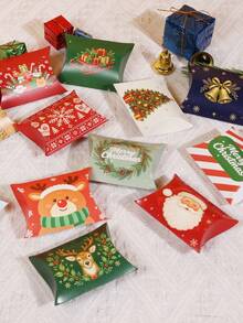 12Pcs Christmas Pillow Paper Gift Boxes Xmas Candy Cookie Treat Box Santa Snowman Reindeer Pattern Holiday Party Favor Packaging - View 7
