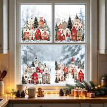 1pc Winter Snowscape Town Christmas Window Decorations, European-Style Snowy Cottage Pine Tree Glass Decals, Reusable, Suitable For Living Room And Store Window Decoration - Multicolor - View 8