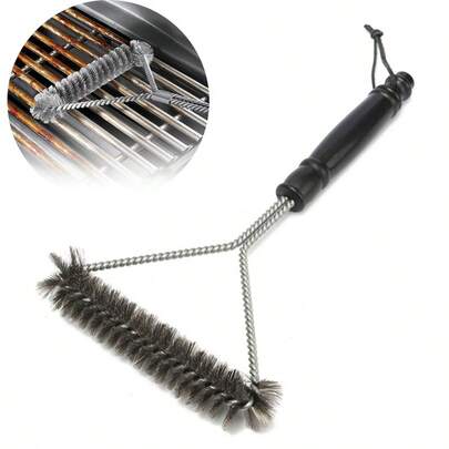 Cepillo de limpieza para parrilla triangular, cepillo limpiador de barbacoa con alambre de acero inoxidable y mango de madera, limpiador de rejillas de barbacoa de alta resistencia para parrillas de exterior