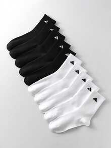 5/10 Pairs Men's Sports Socks, Simple All-Match Solid Color, Vertical Stripe Breathable Mid-Calf Socks, Suitable For Running, Black & White Versatile Style - Multicolor - View 2