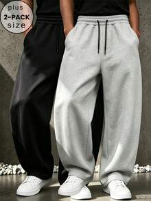 2pcs Men's Plus Size Elastic Waist Drawstring Wide Leg Solid Color Sweatpants, High Drape Loose Straight Leg Casual Sports Long Pants - Multicolor - View 1