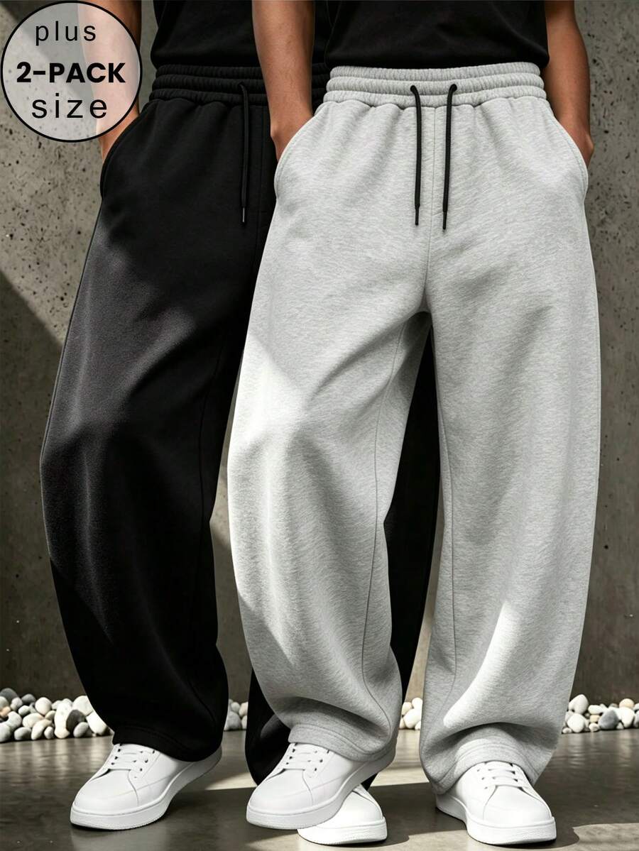 2pcs Men's Plus Size Elastic Waist Drawstring Wide Leg Solid Color Sweatpants, High Drape Loose Straight Leg Casual Sports Long Pants - Multicolor - View 1
