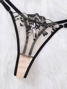 Elegant Black Sheer Floral Embroidery Lingerie Set,Underwire See-Through Bra With Adjustable Straps,Matching Mesh Panties - Black - View 7