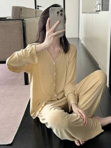 Women's Spring/Autumn Frill Trim Long Sleeve Long Pants Casual Loose 2 Pieces Loungewear Set, Suitable For Outdoor Wear - Yellow - View 1