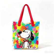 塗鴉 Snoopy 印花帆布托特包，彩色潑墨藝術單肩包，大容量休閒手提包，時尚女款日常購物包 - E - 查看 2