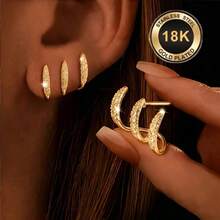1pc 18K Gold Plated Women's Three-Prong Curved Stainless Steel Earrings, Shiny Luxury Design, Unique Style, Suitable For Daily Wear And Music Festivals - Gold - View 1