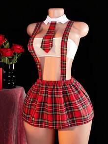 4-Piece Set Of Contrasting Color Plaid College-Style Cosplay Costume, Hollow-Out Strapless Dress, Sexy Thong And Tie - Red - View 2