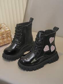 Girls' Heart Sequin Boots, PU Side Zipper Non-Slip Thick Sole Children's Ankle Boots, Suitable For Party, School, Daily Wear - Black - View 2